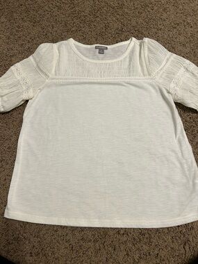 Falls Creek Ivory Pleated Neckline Short Sleeve Top